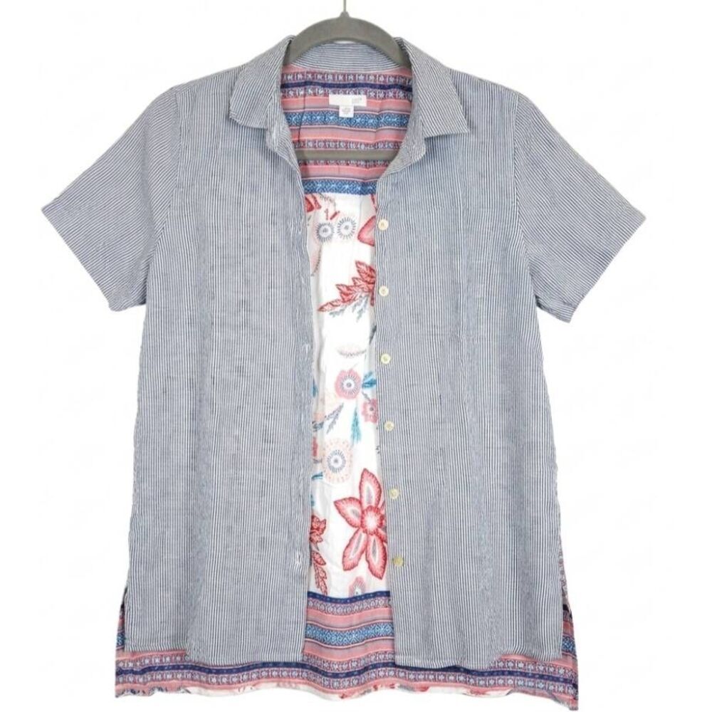 J jill womens small patchwork 100% linen shirt stripe multi pink floral